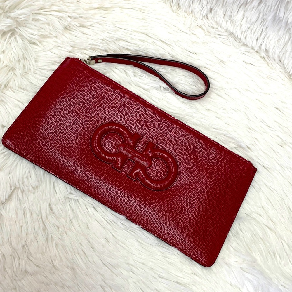 Salvatore Ferragamo Gancini Wristlet Clutch Pouch Leather EUC